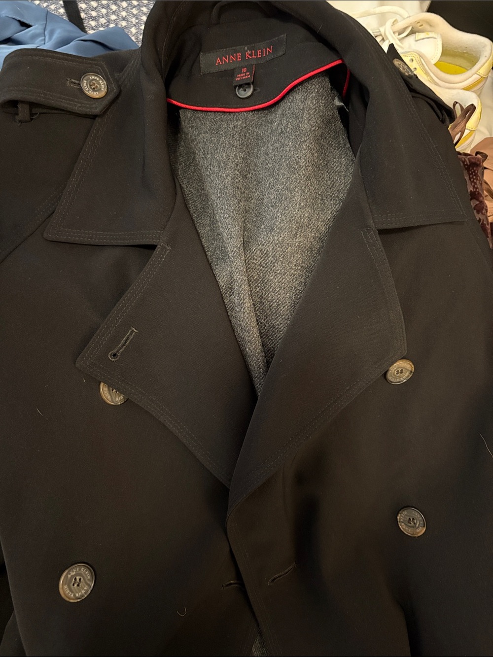 Anne Klein Black Double-Breasted Trench Coat with Gray Lining